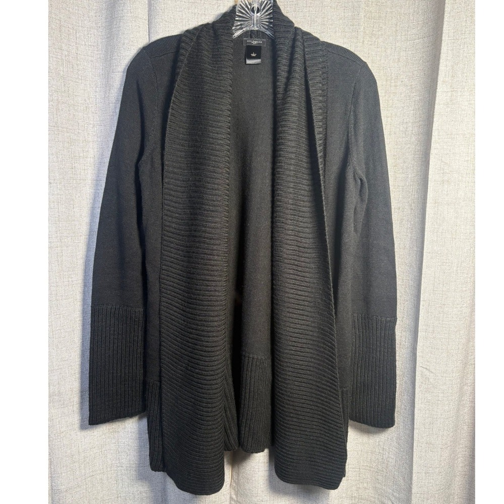 Ann Taylor Women Black Wool Blend Open Front Shawl Cardigan Sweater L